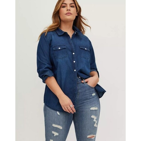 Torrid Taylor Dark Wash Blue Chambray Button Up Shirt Size 3 - Picture 1 of 5